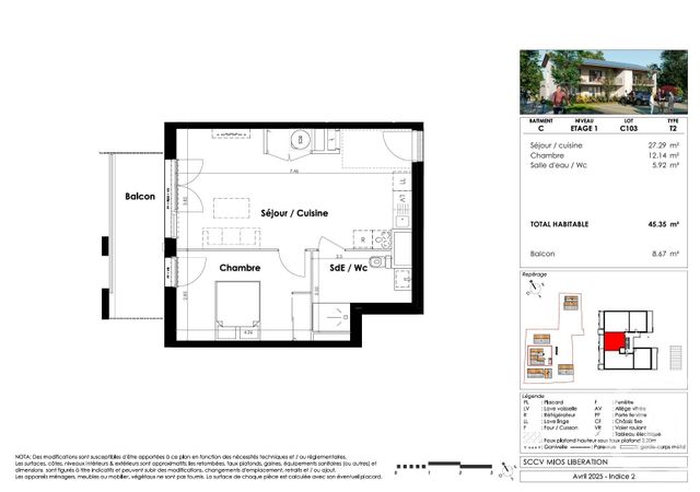 Appartement T2 &agrave; vendre - 2 pi&egrave;ces - 45,35 m2 - Mios - 33 - AQUITAINE